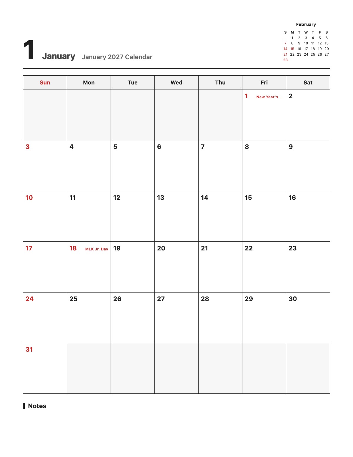 January 2027 Calendar template preview