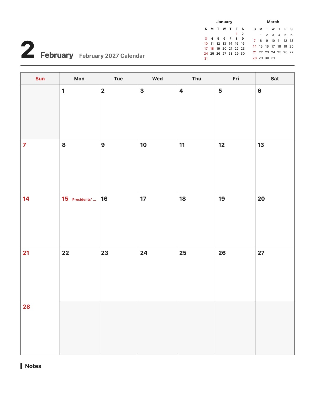 February 2027 Calendar template preview