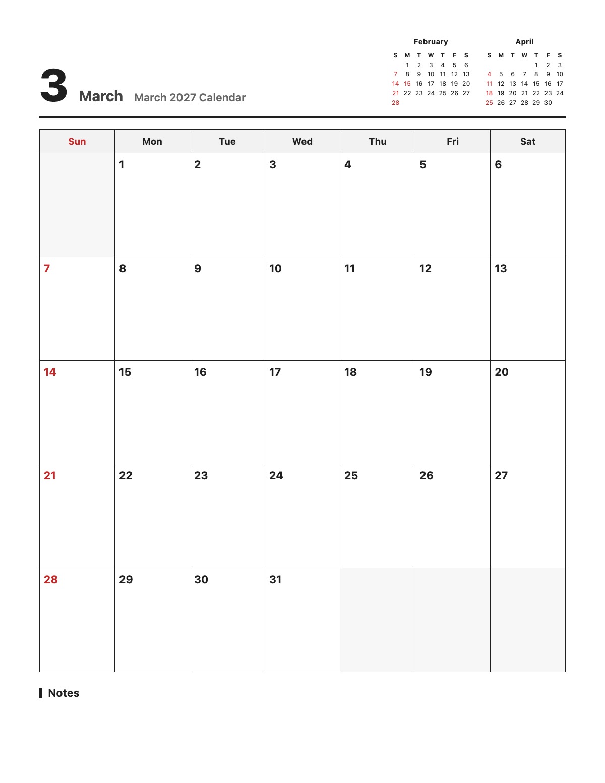 March 2027 Calendar template preview