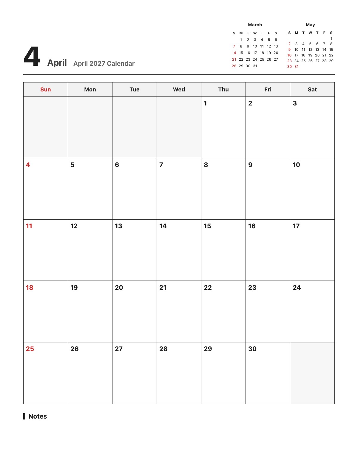 April 2027 Calendar template preview