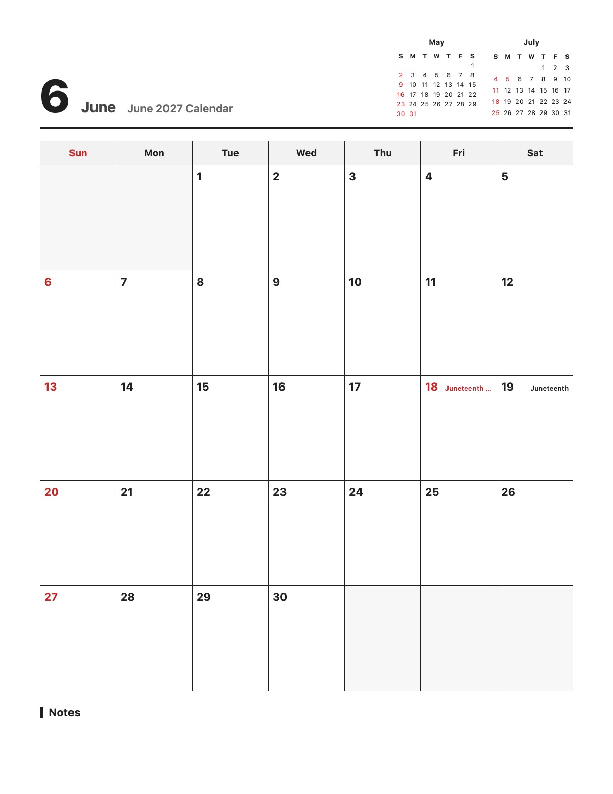 June 2027 Calendar template preview