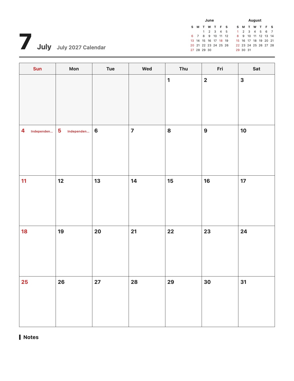 July 2027 Calendar template preview