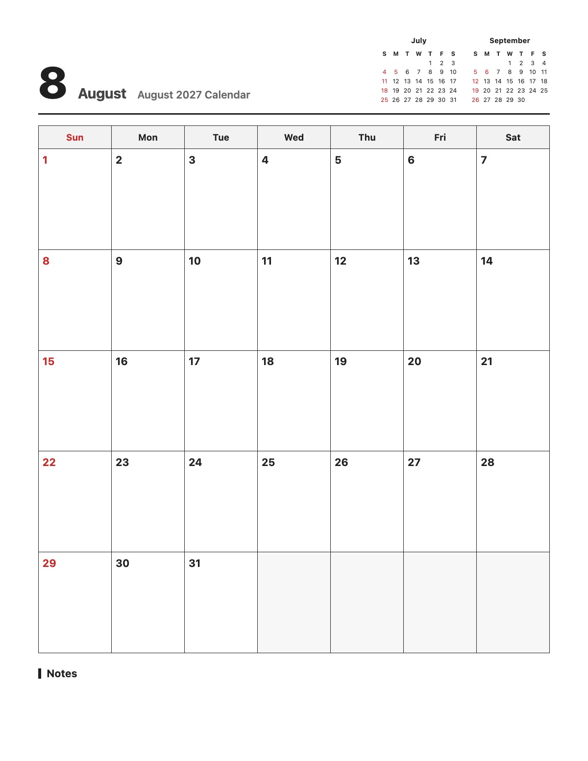 August 2027 Calendar template preview