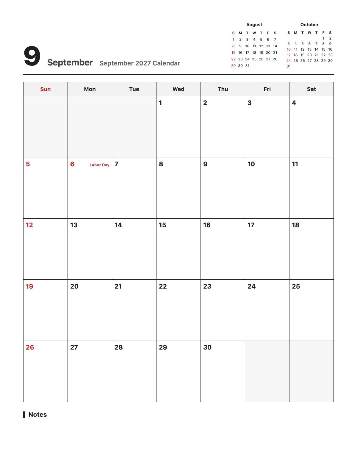 September 2027 Calendar template preview