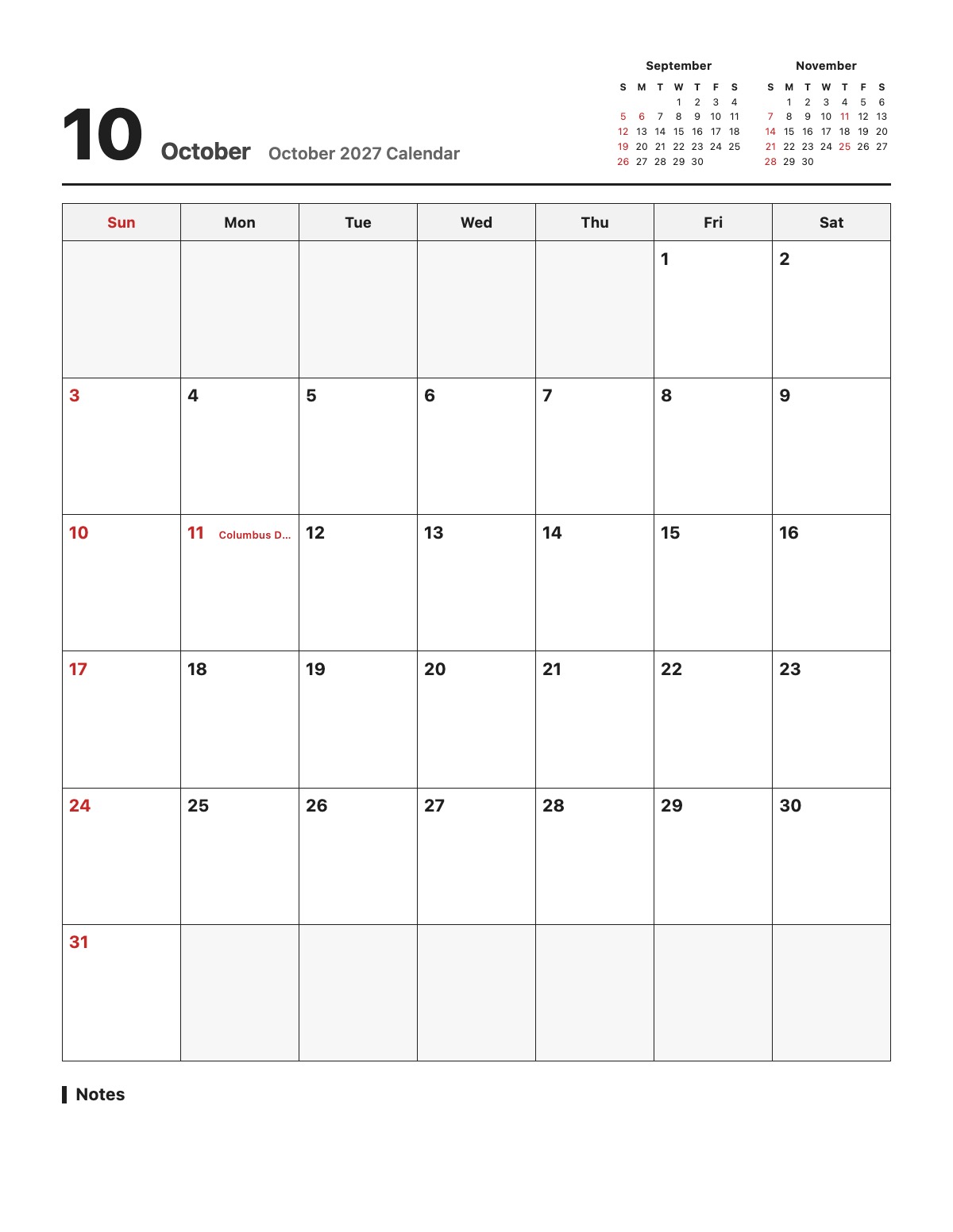 October 2027 Calendar template preview