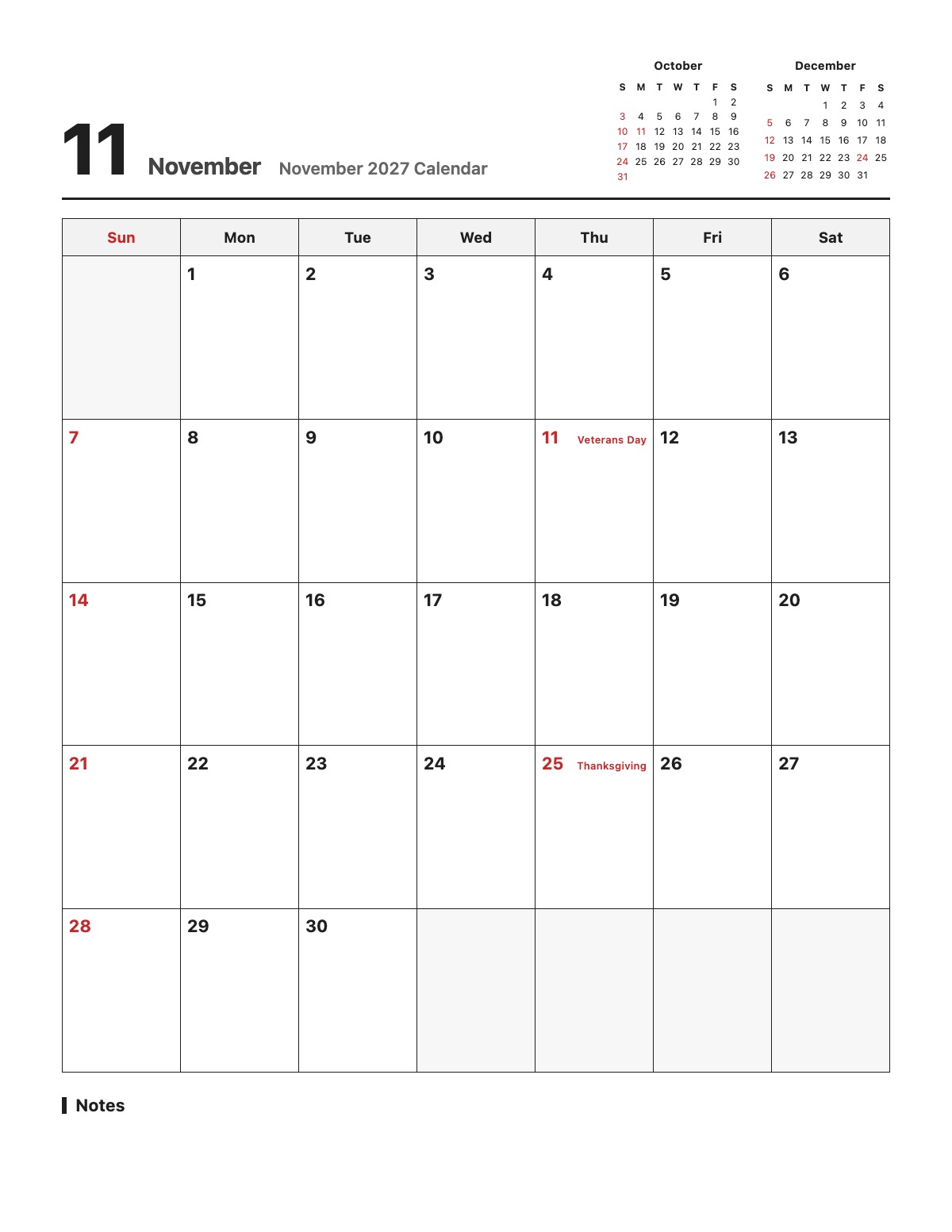 November 2027 Calendar template preview