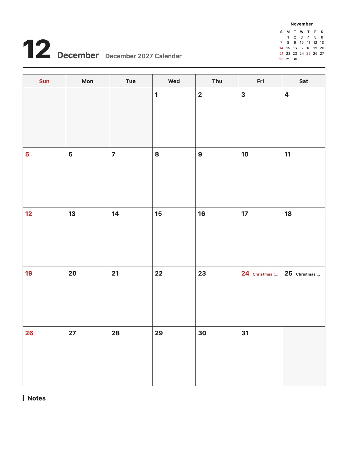 December 2027 Calendar template preview