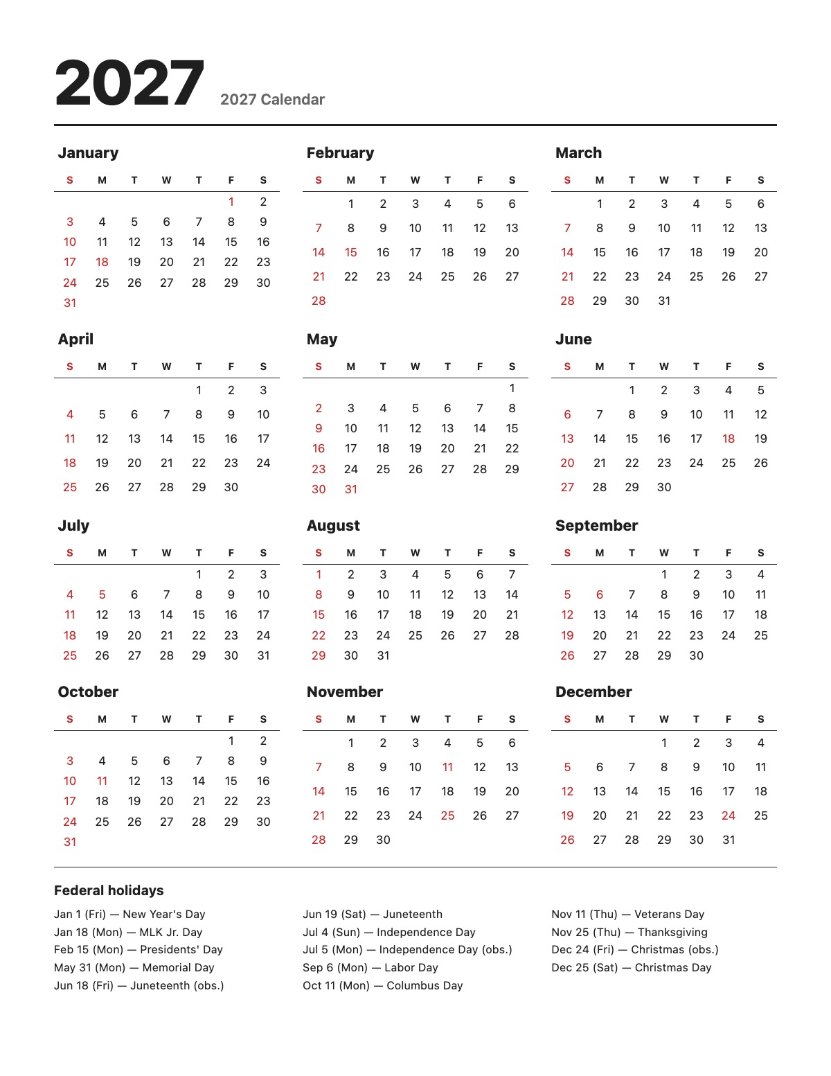 2027 Calendar template preview