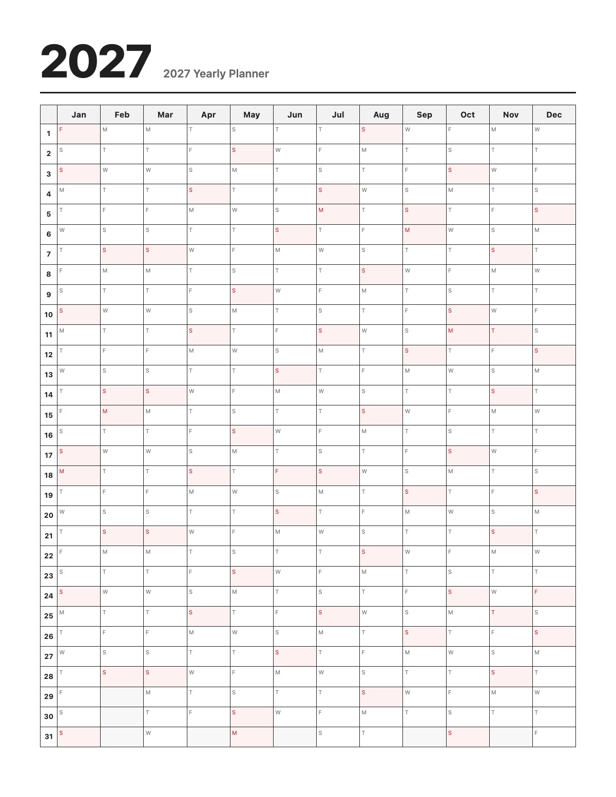 2027 Yearly Planner template preview