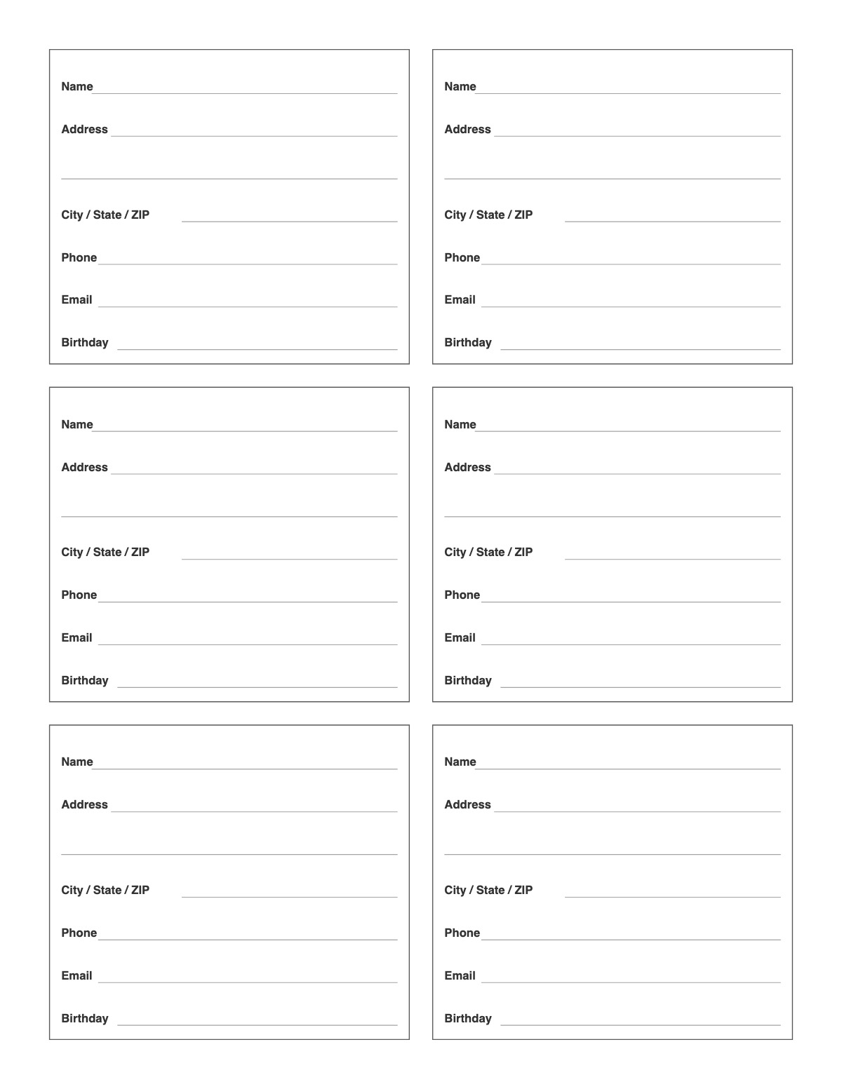 Address Book Template printable preview
