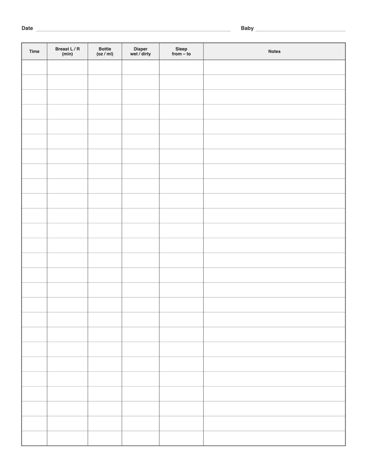 Baby Feeding Log printable preview