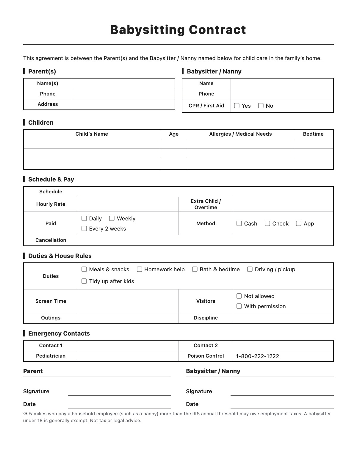 Babysitting Contract template preview