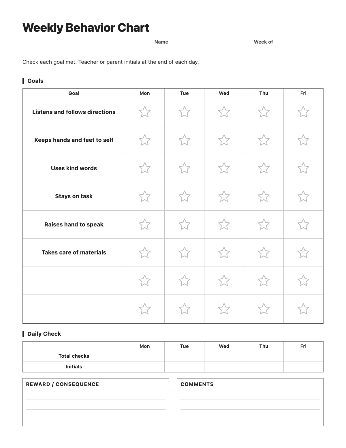 Weekly Behavior Chart template preview