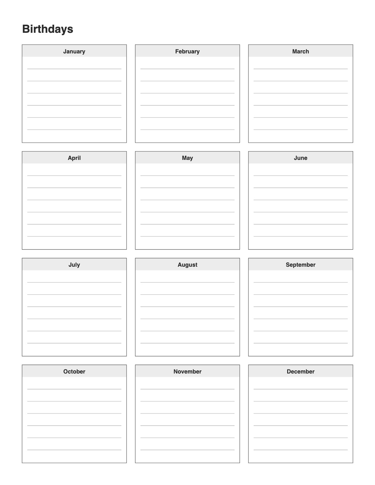 Birthday List Template printable preview
