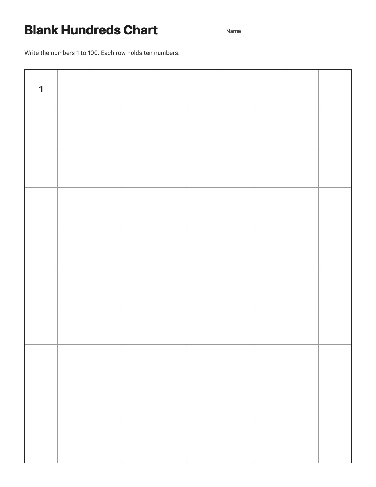 Blank Hundreds Chart template preview