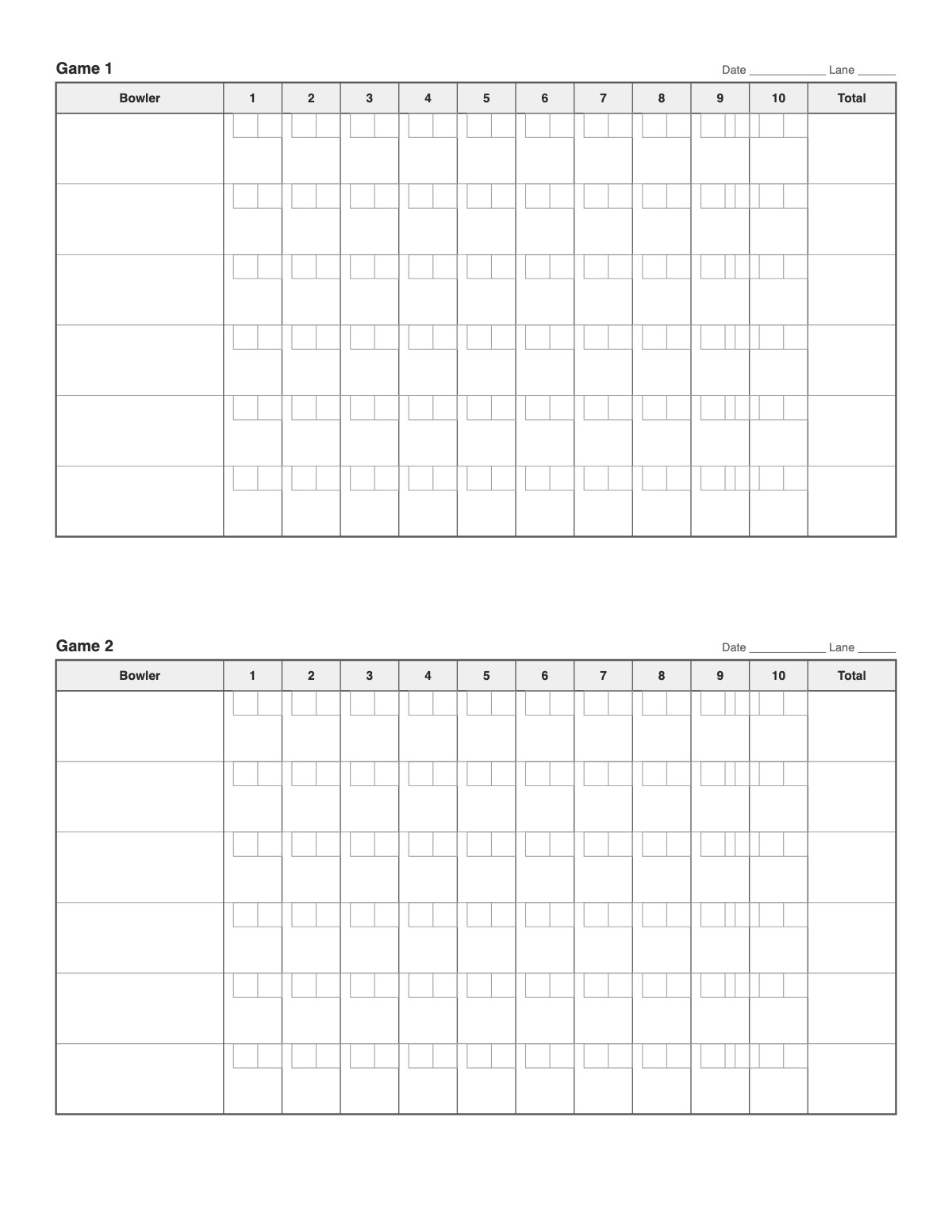 Bowling Score Sheet printable preview