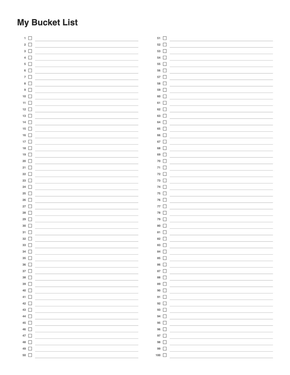 Bucket List Template printable preview