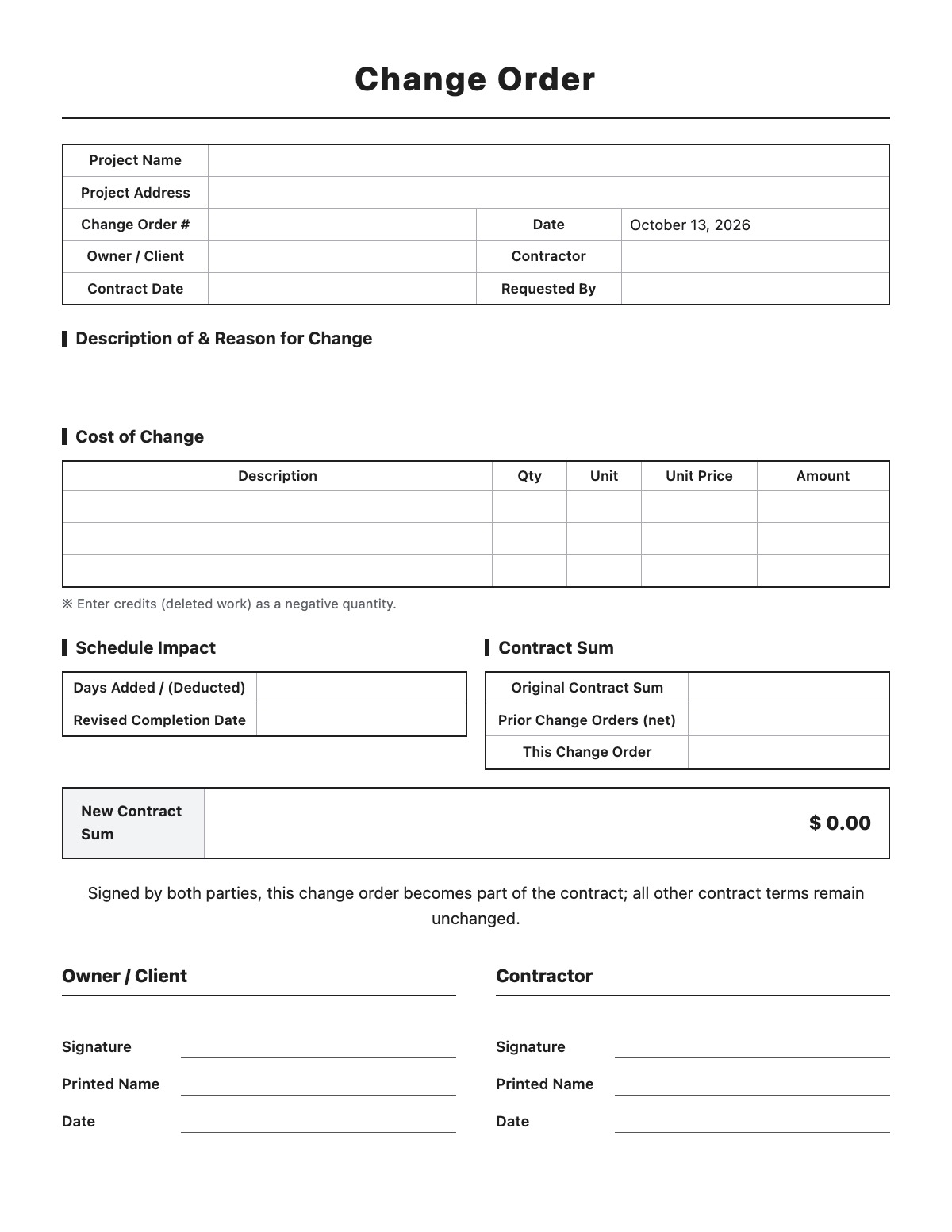 Change Order template preview