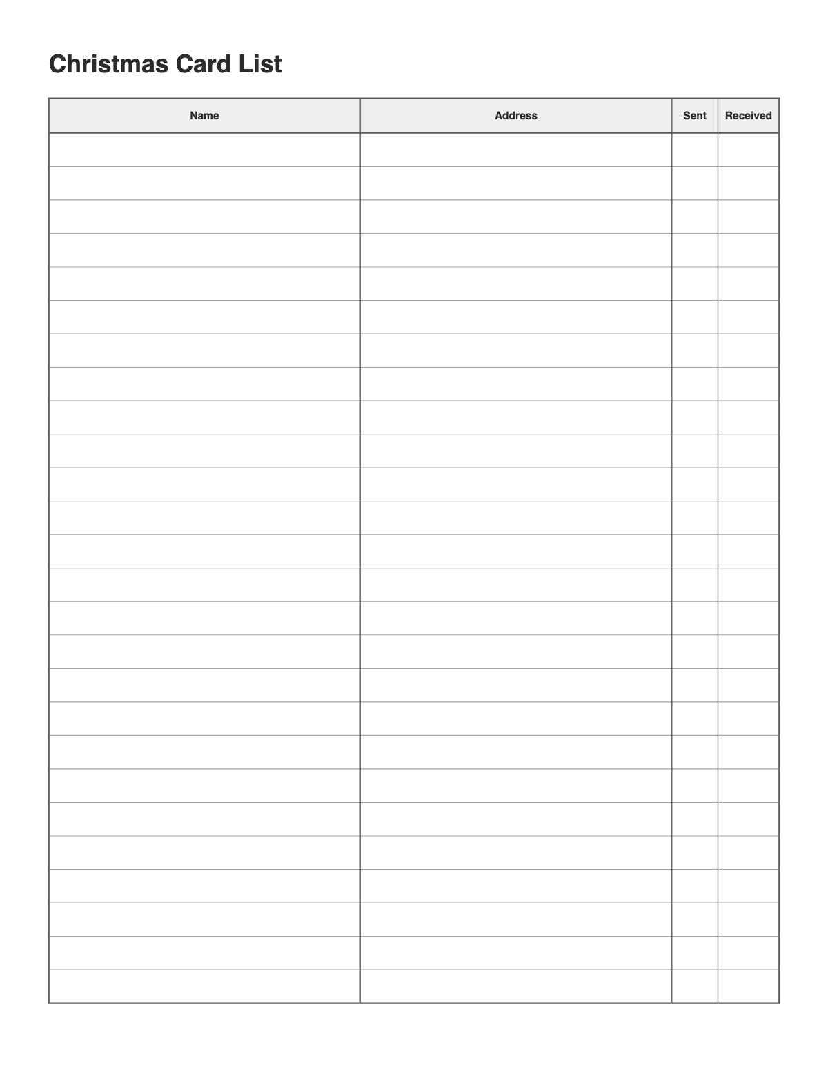 Christmas Card List printable preview