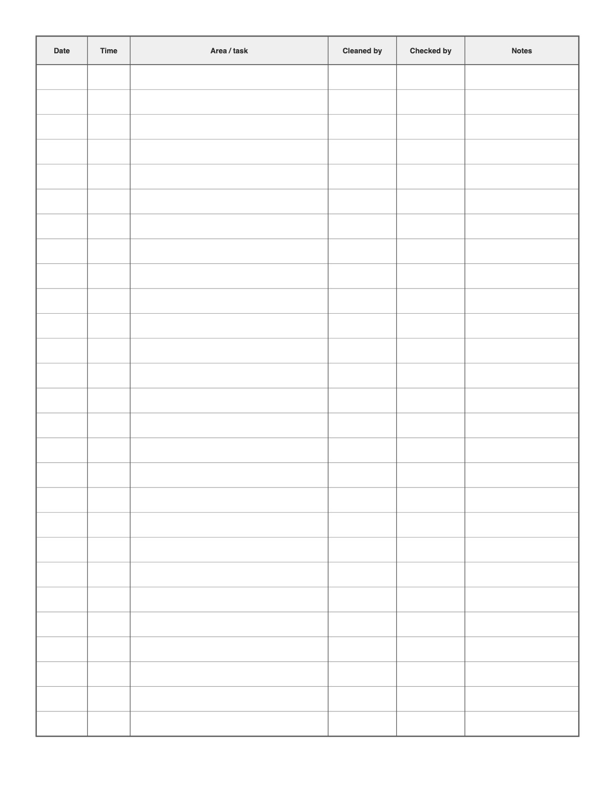 Cleaning Log printable preview