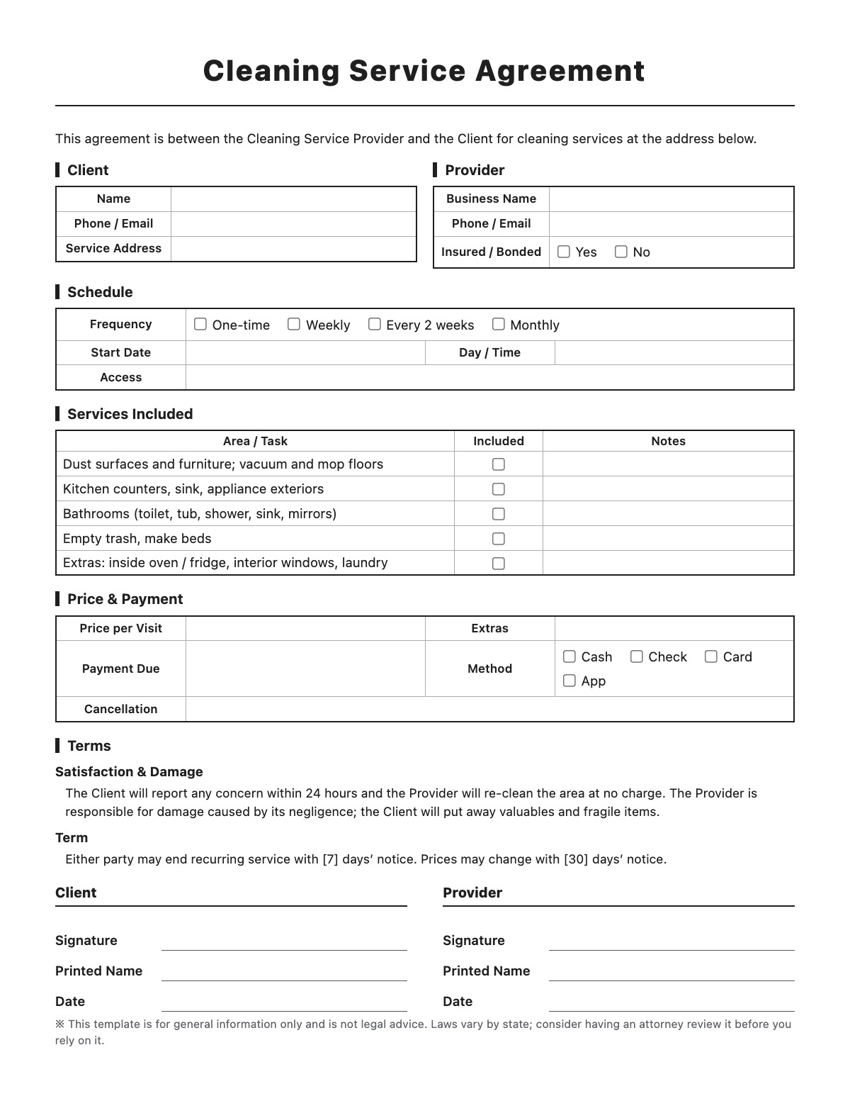 Cleaning Service Agreement template preview