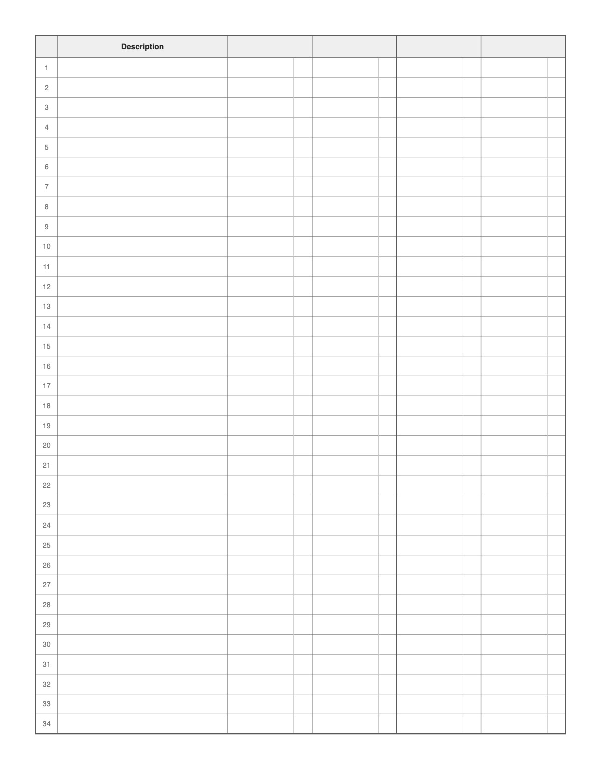 4 Column Columnar Pad printable preview