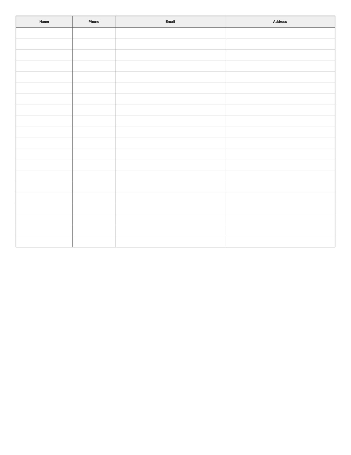Contact List Template printable preview