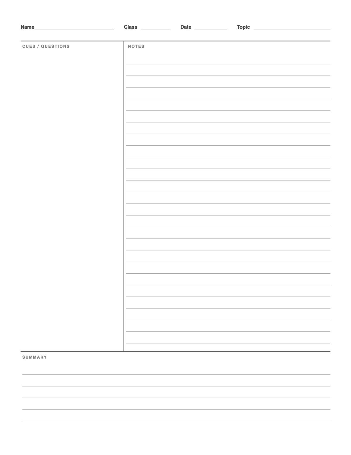 Cornell Notes Template printable preview
