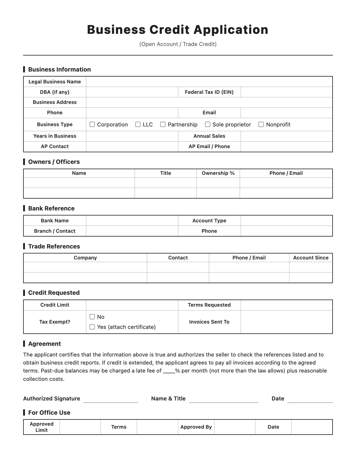 Business Credit Application template preview