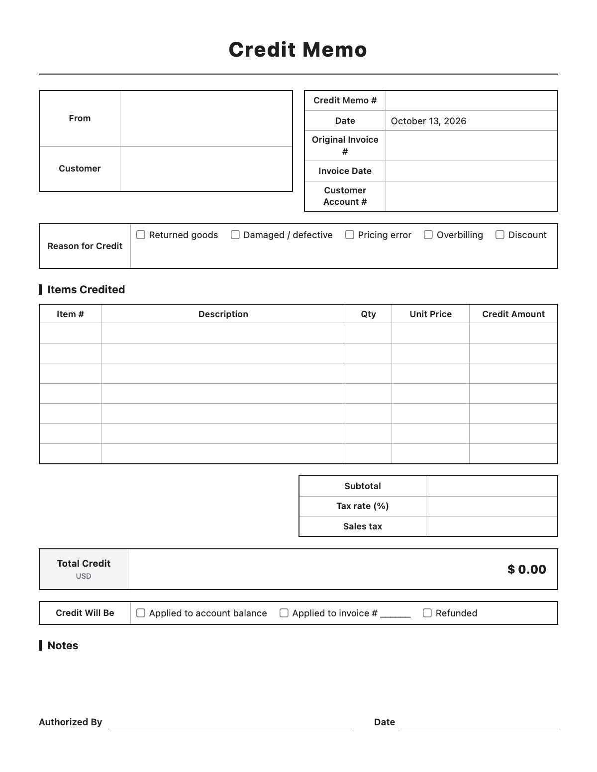 Credit Memo template preview