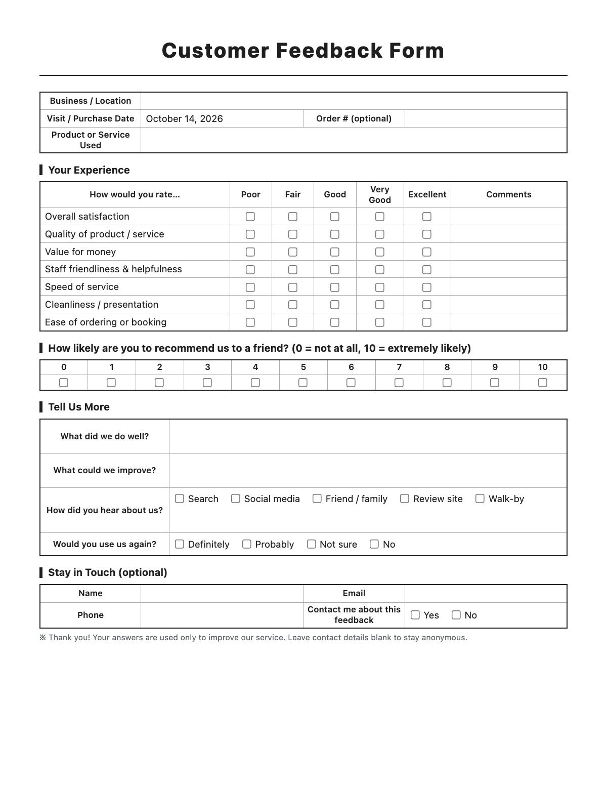 Customer Feedback Form template preview