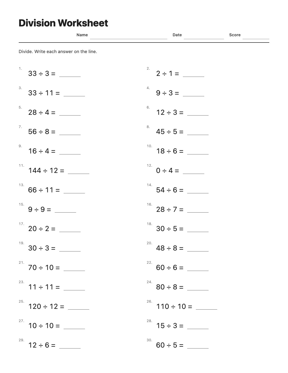 Division Worksheet template preview
