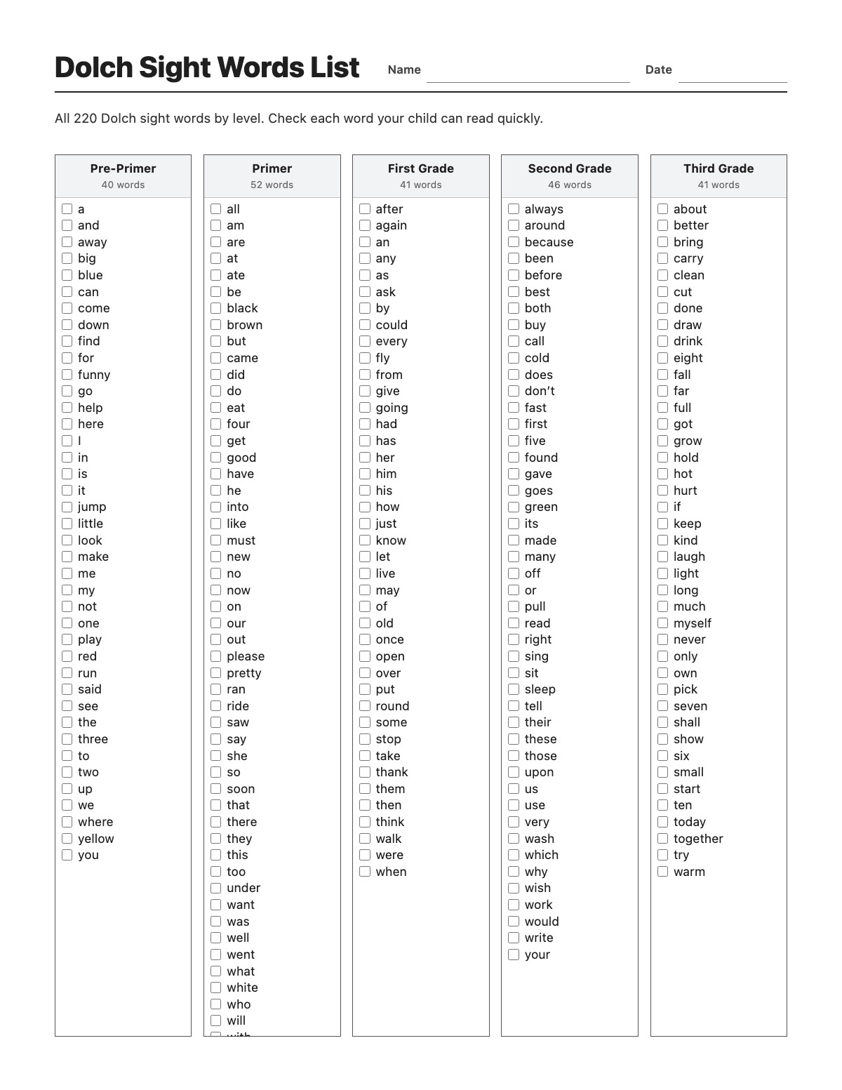Dolch Sight Words List template preview