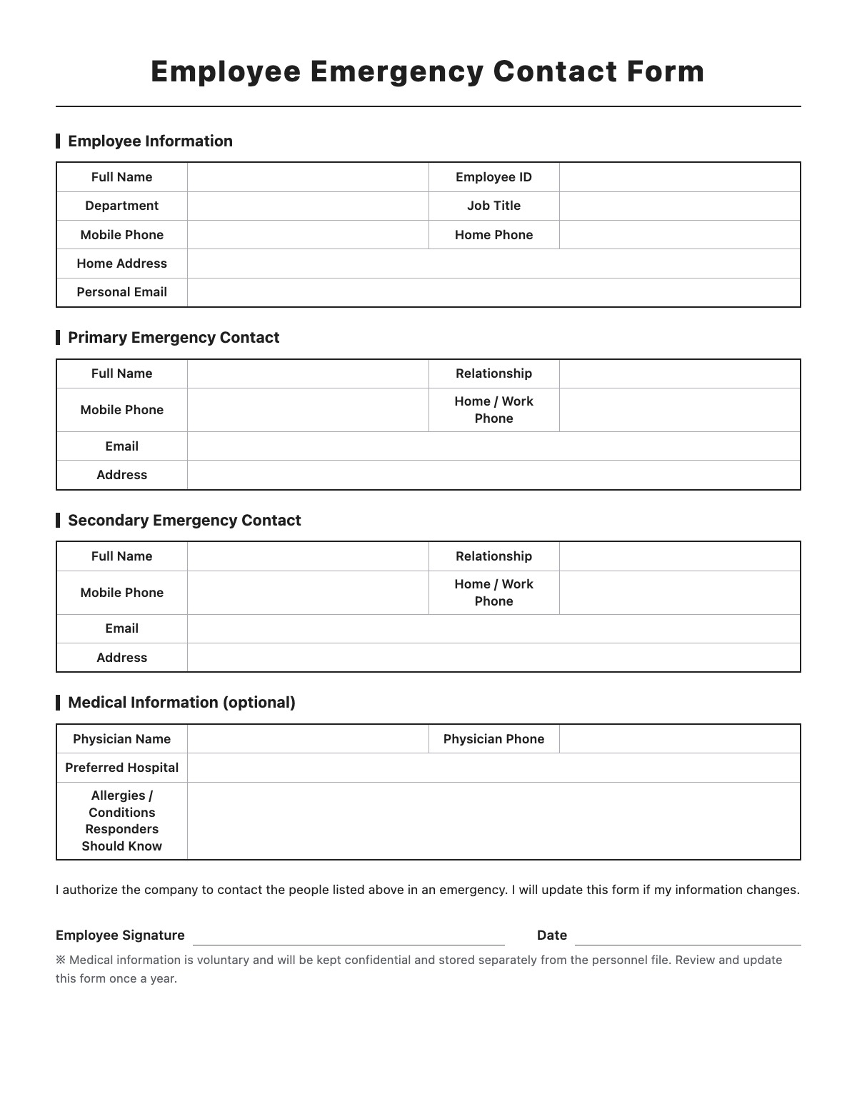 Employee Emergency Contact Form template preview