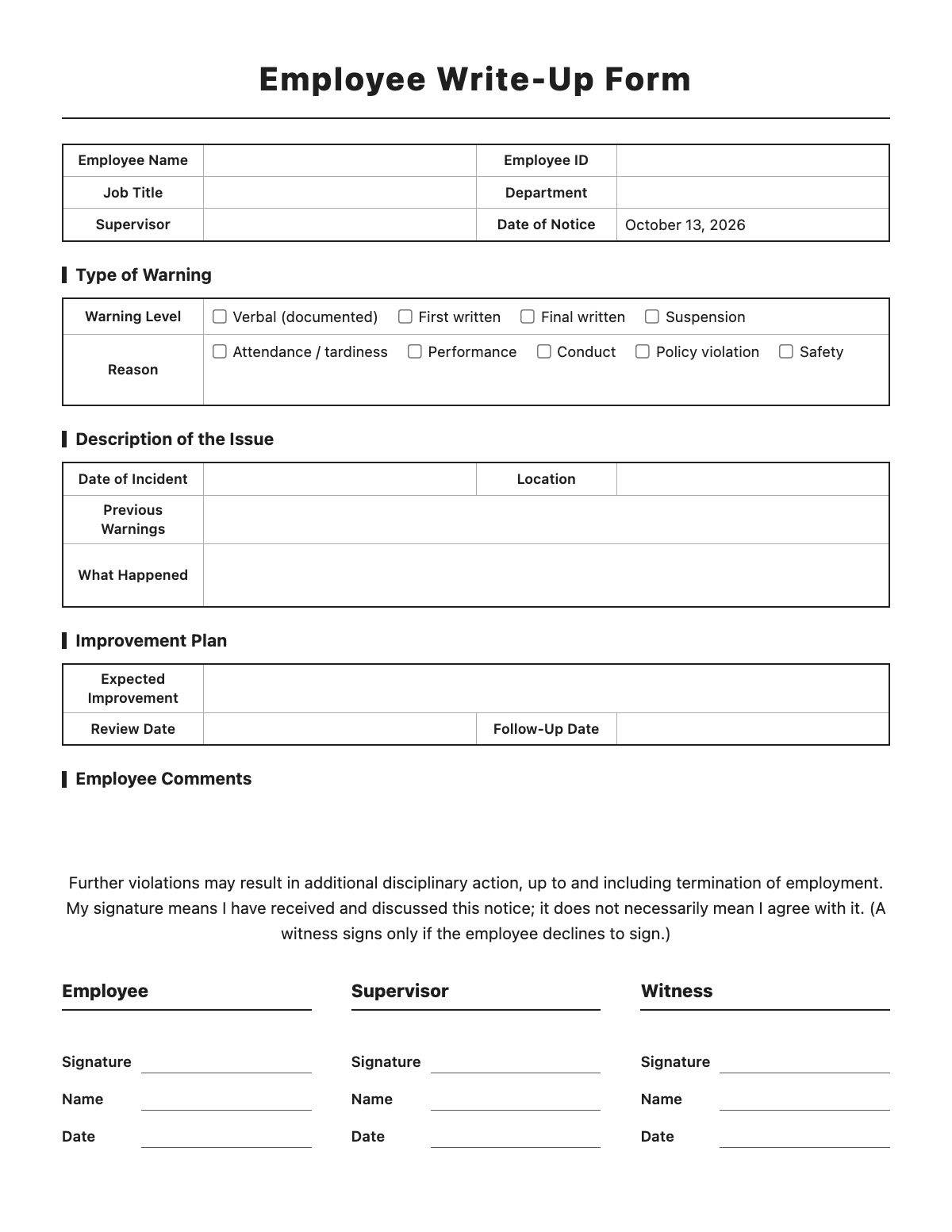 Employee Write-Up Form template preview
