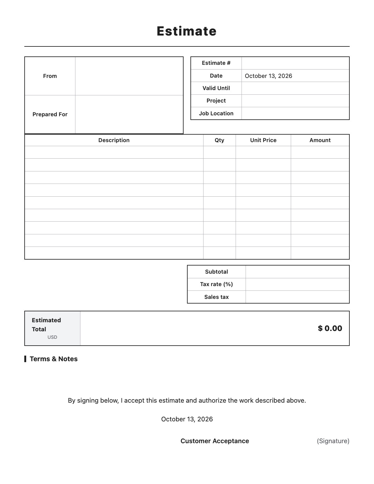 Estimate template preview