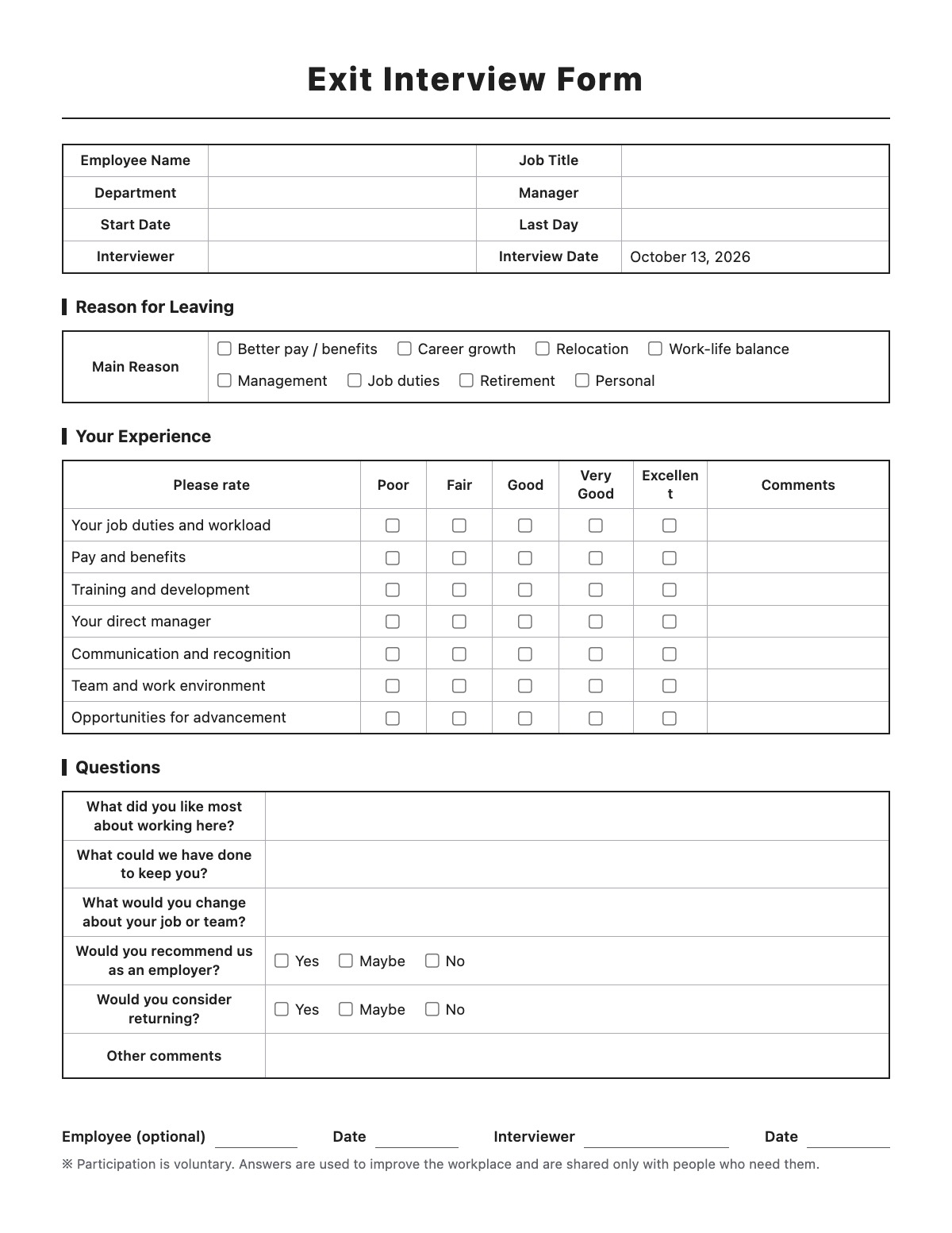 Exit Interview Form template preview