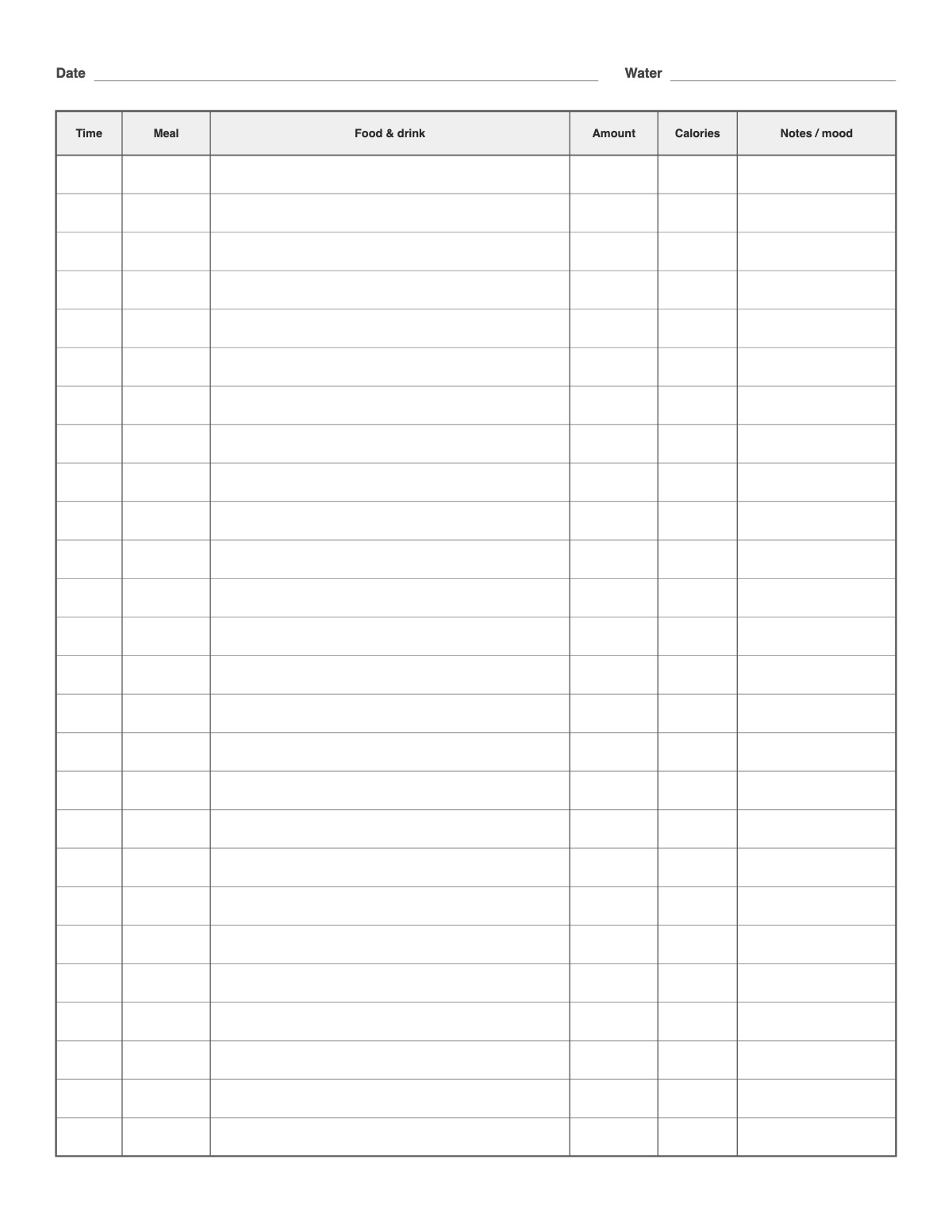 Food Log printable preview