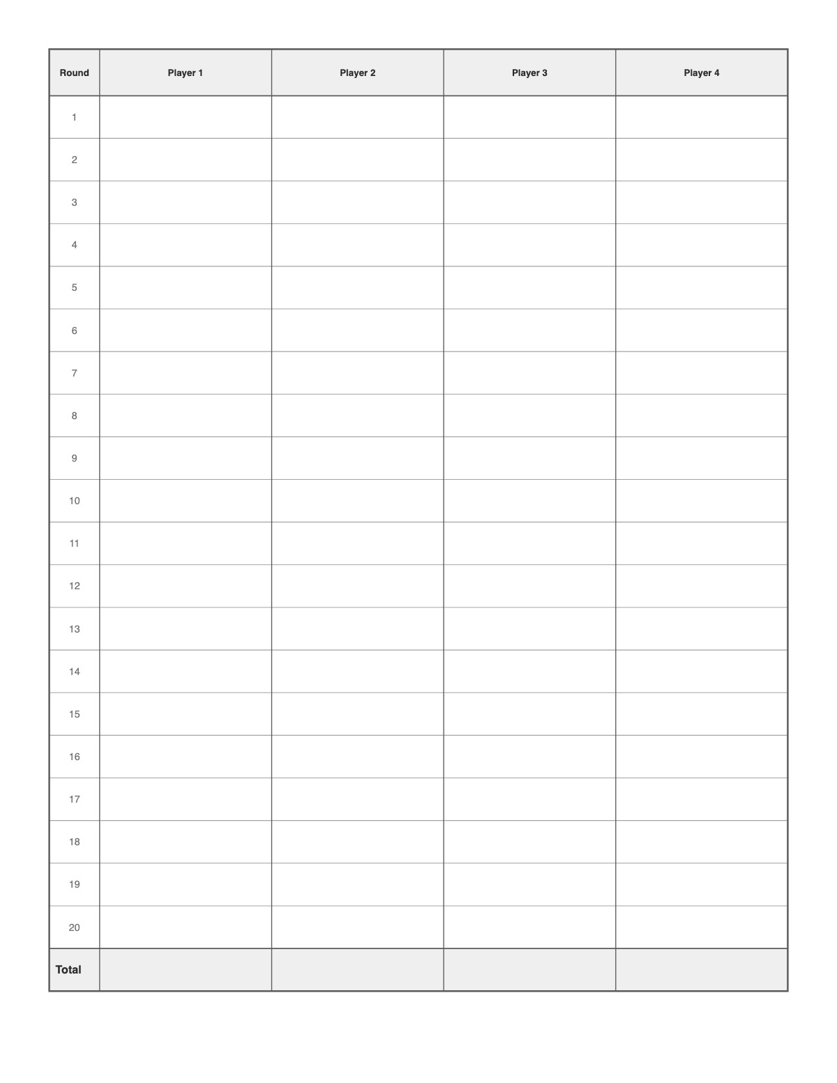 Game Score Sheet printable preview