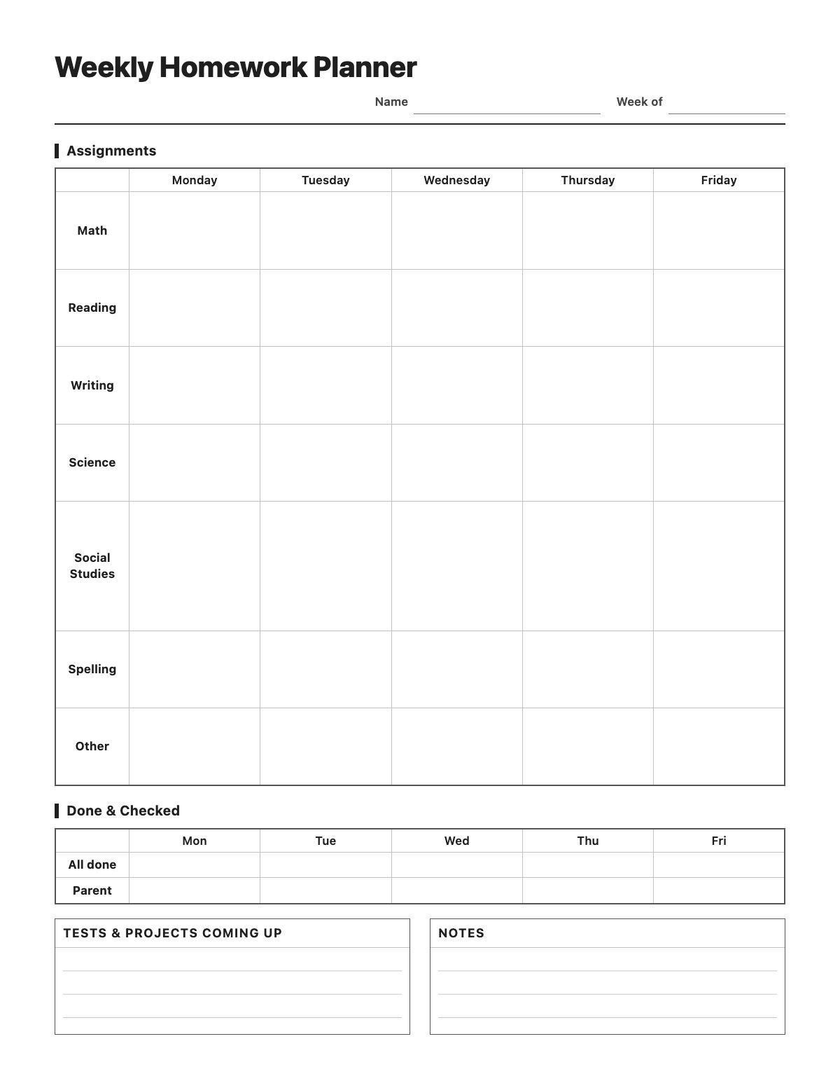 Weekly Homework Planner template preview
