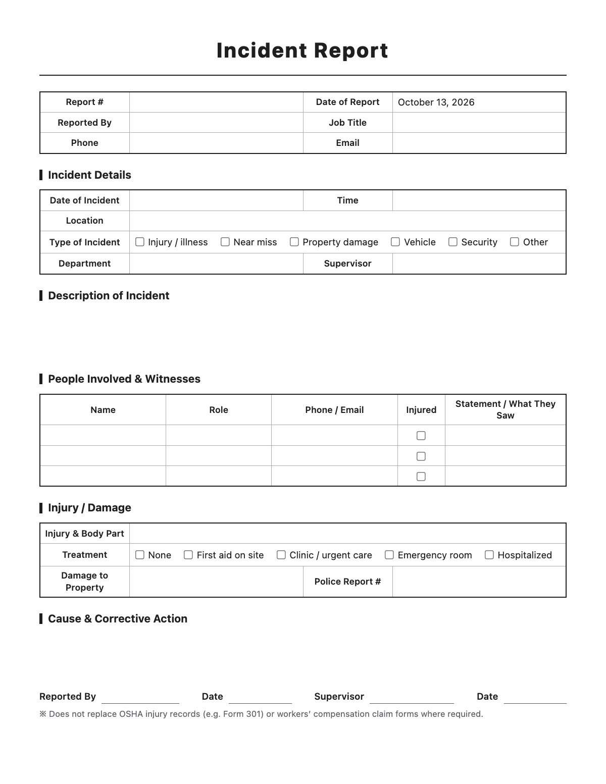 Incident Report template preview