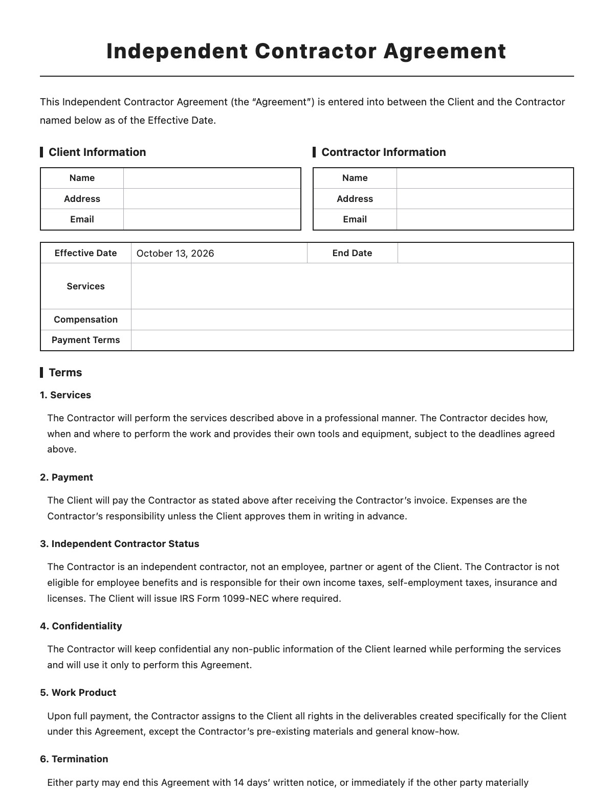 Independent Contractor Agreement template preview