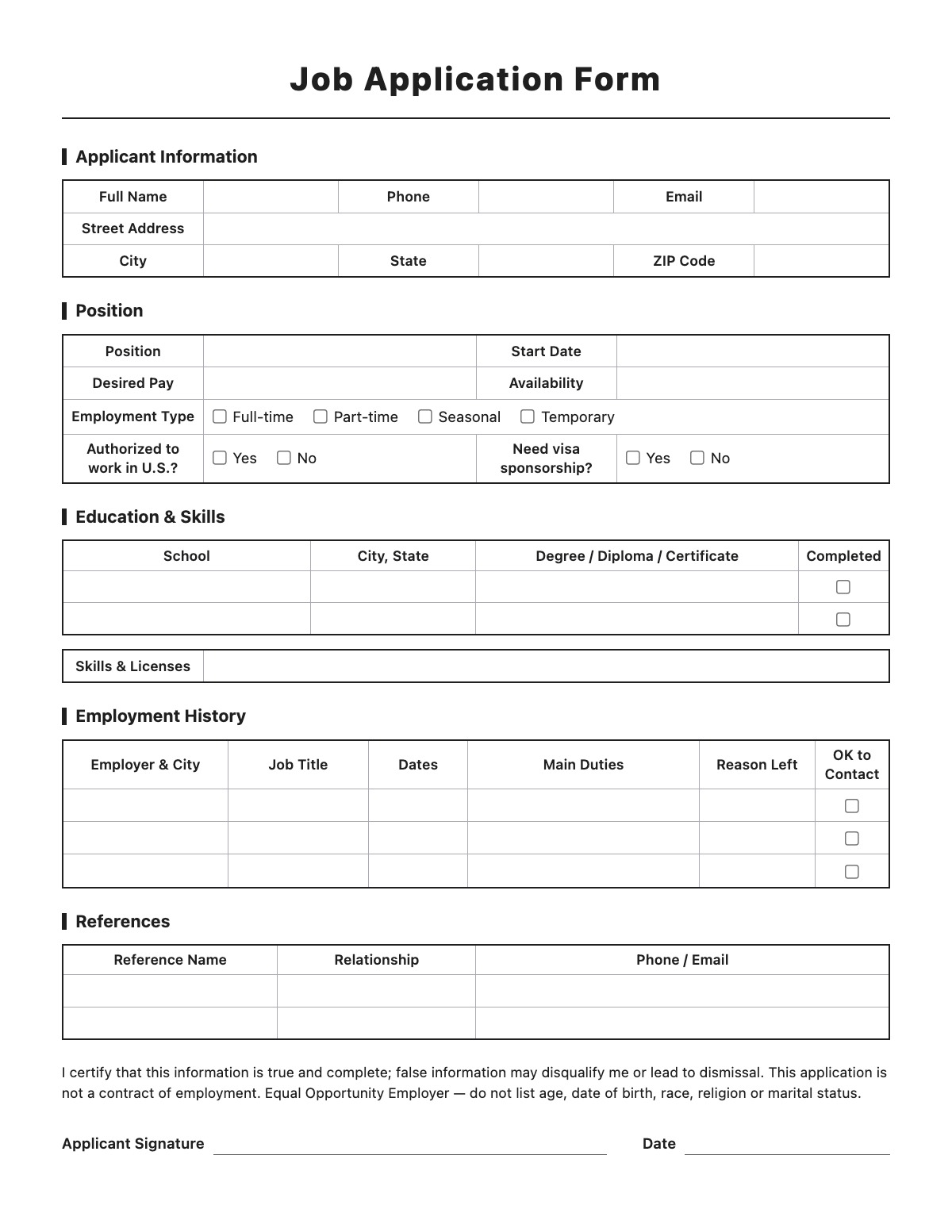 Job Application Form template preview