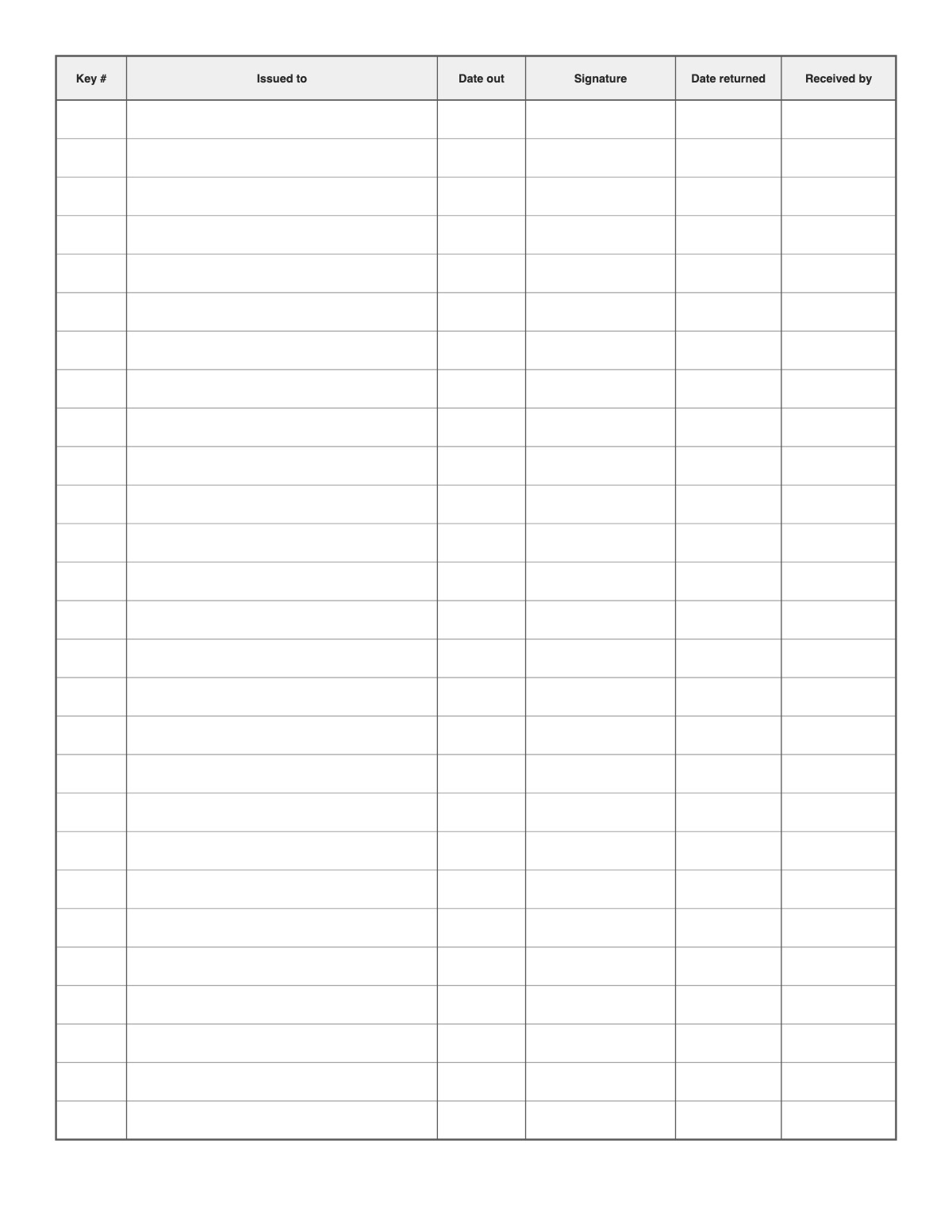 Key Log printable preview
