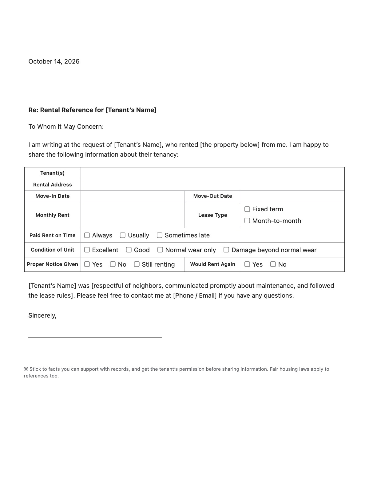 Landlord Reference Letter template preview