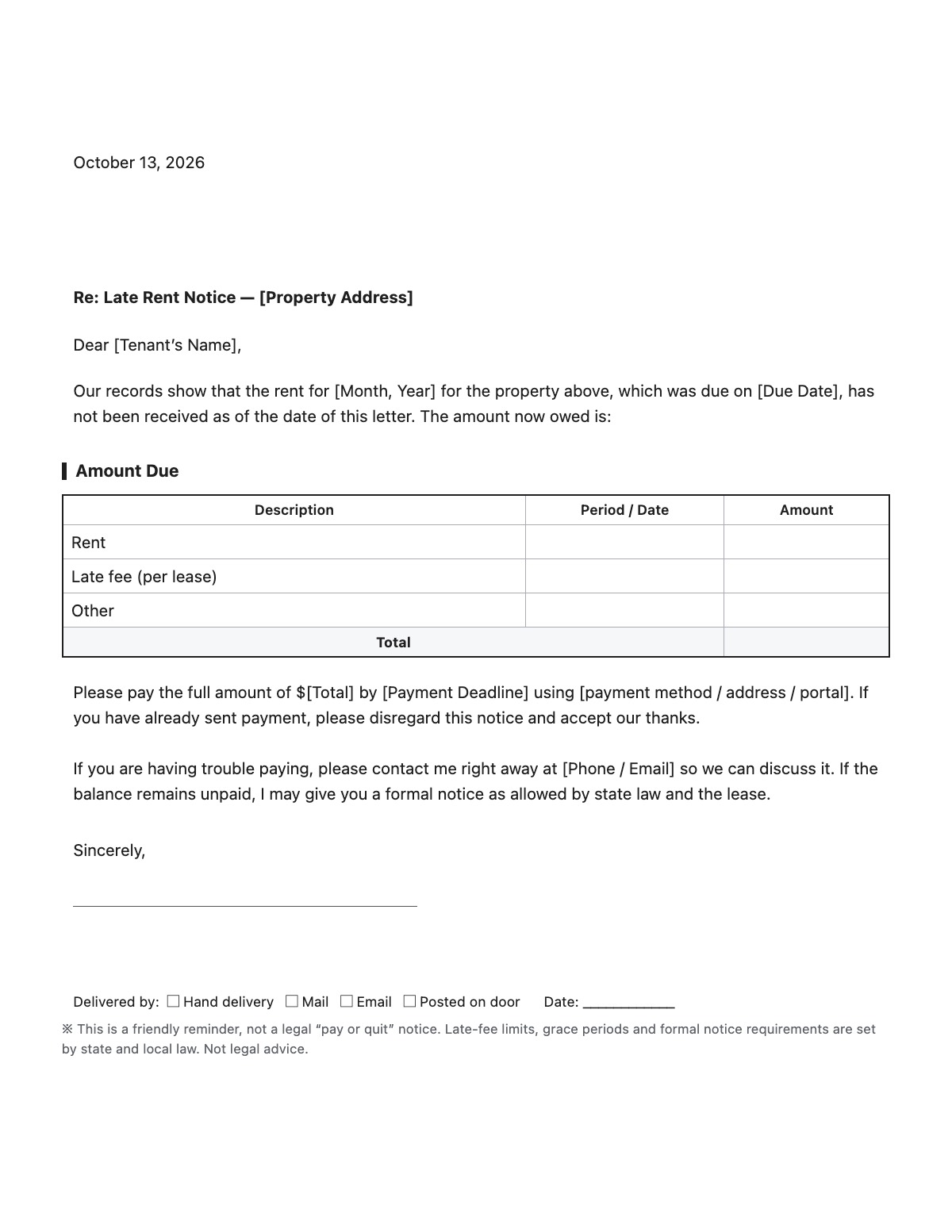 Late Rent Notice template preview