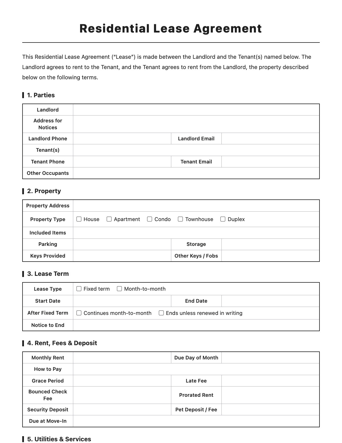 Residential Lease Agreement template preview