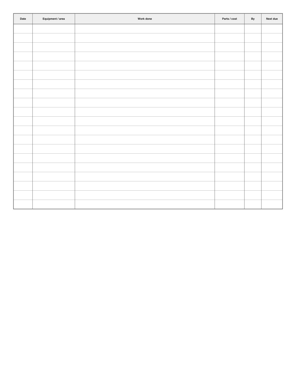 Maintenance Log printable preview