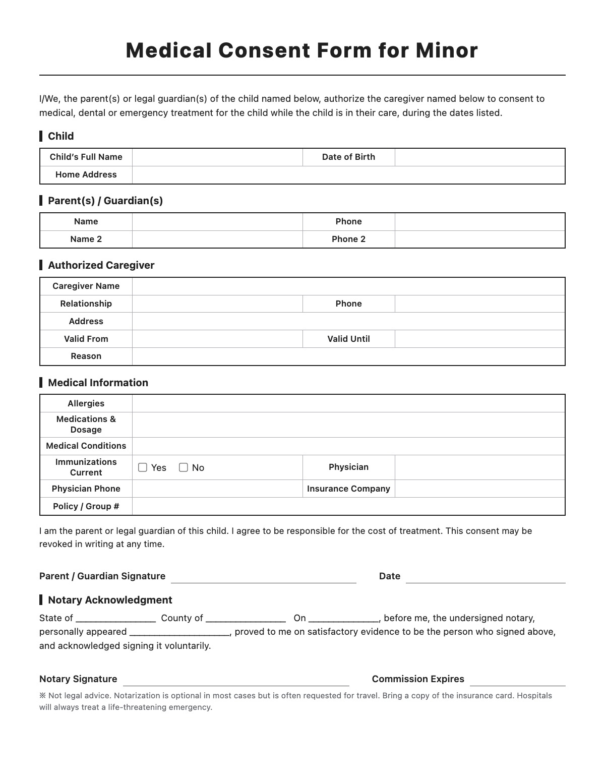Medical Consent Form for Minor template preview