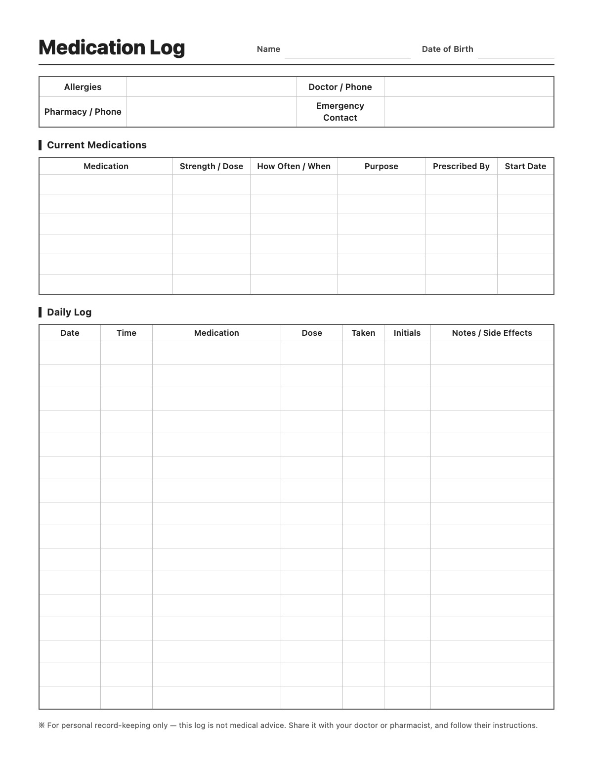 Medication Log template preview